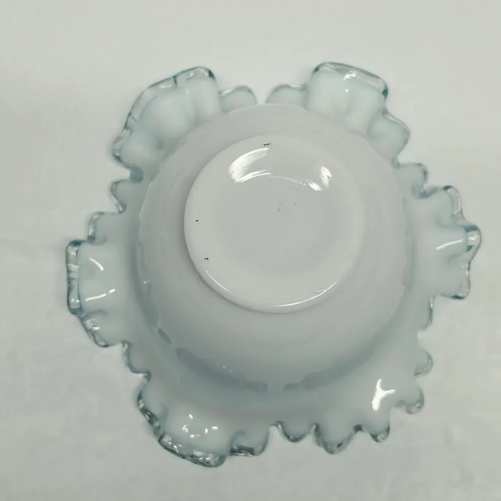 Fenton Teal White Bowl Silver Jamestown Blue Glass Vintage Ruffle Edge MCM
